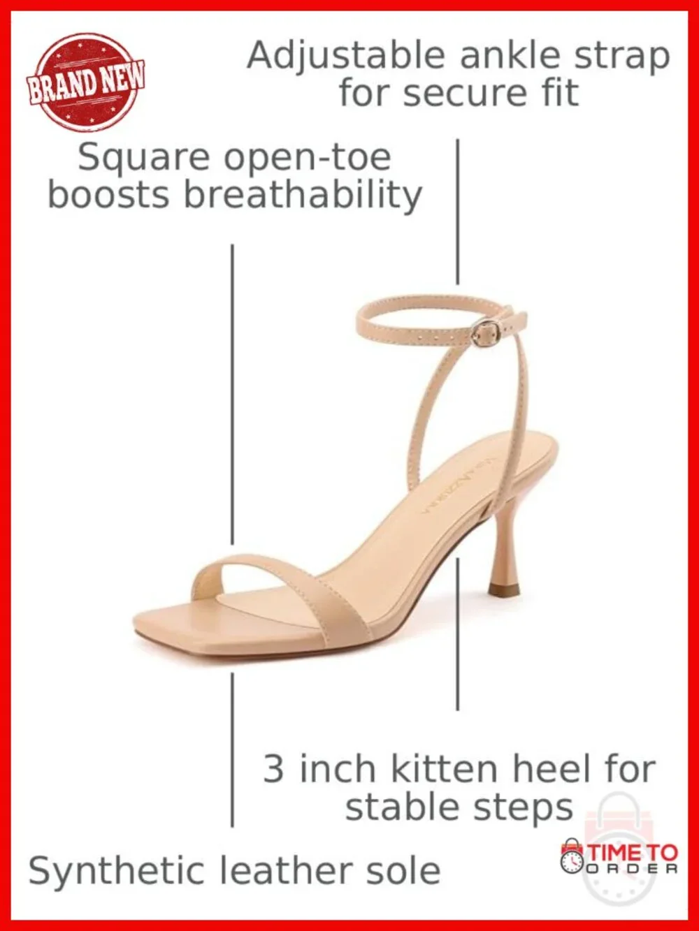 Strappy Kitten Heel Sandals Faux Leather Square Toe 3 Inch Heels